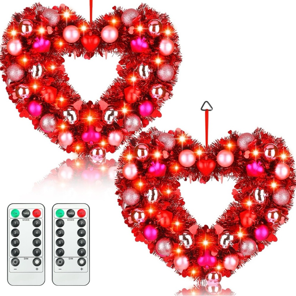 Valentines Wedding Wreath Heart Shape Decor 17” with Lights & Remote Control